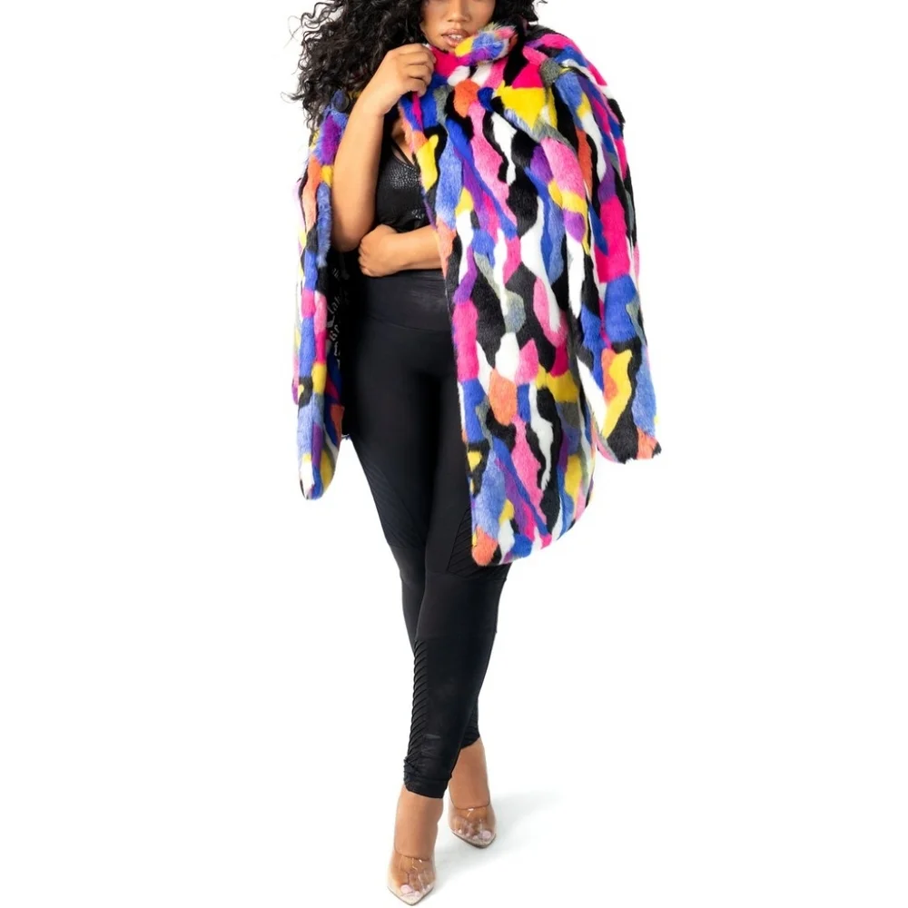 MATT SARAFA RAINBOW Faux Fur SILK Lined Coat NWOT, OG Length, Custom Made - Picture 8 of 16